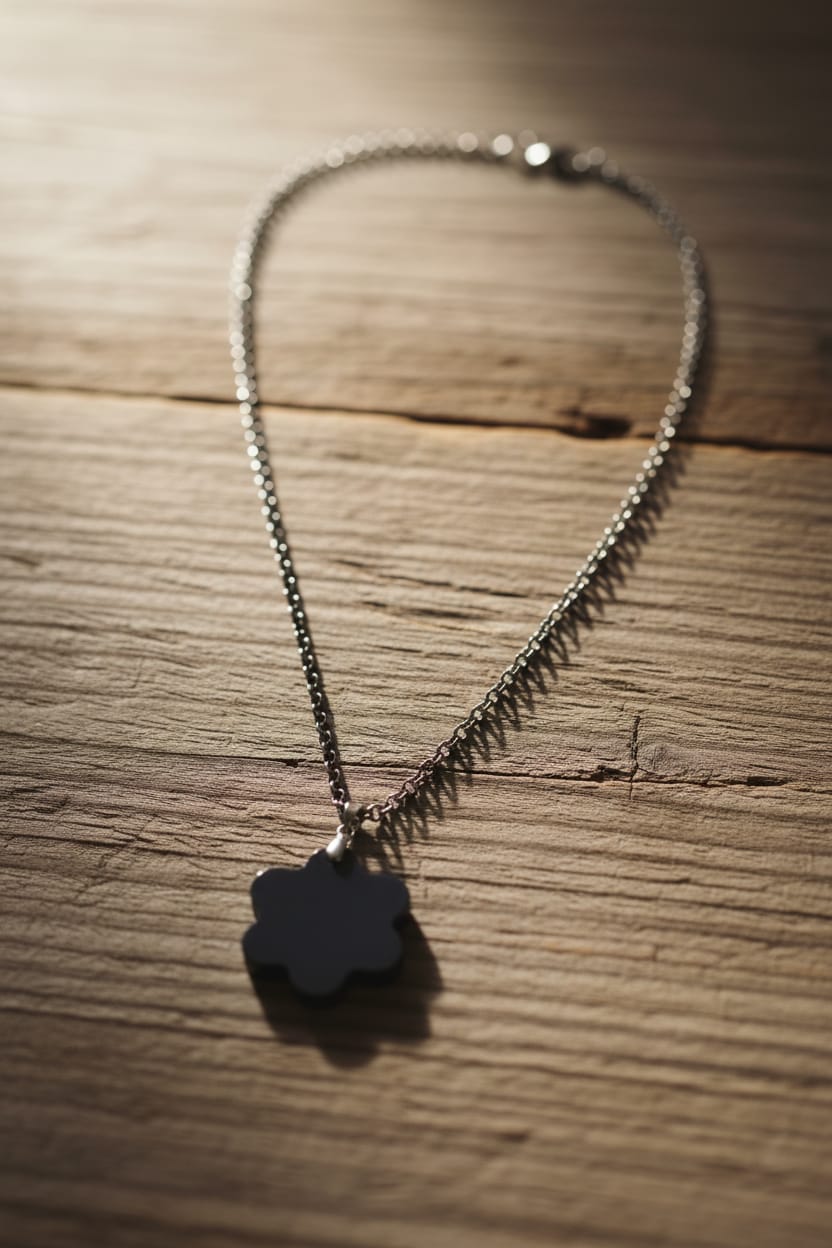 Collar acero plateado con dije de flor negra de resina