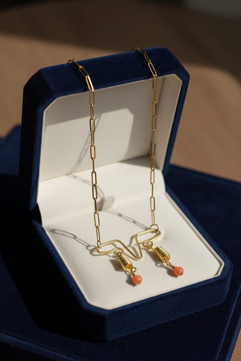 Collar con cadena acero dorado, dije de alambre dorado con 2 calcedonias naranjas