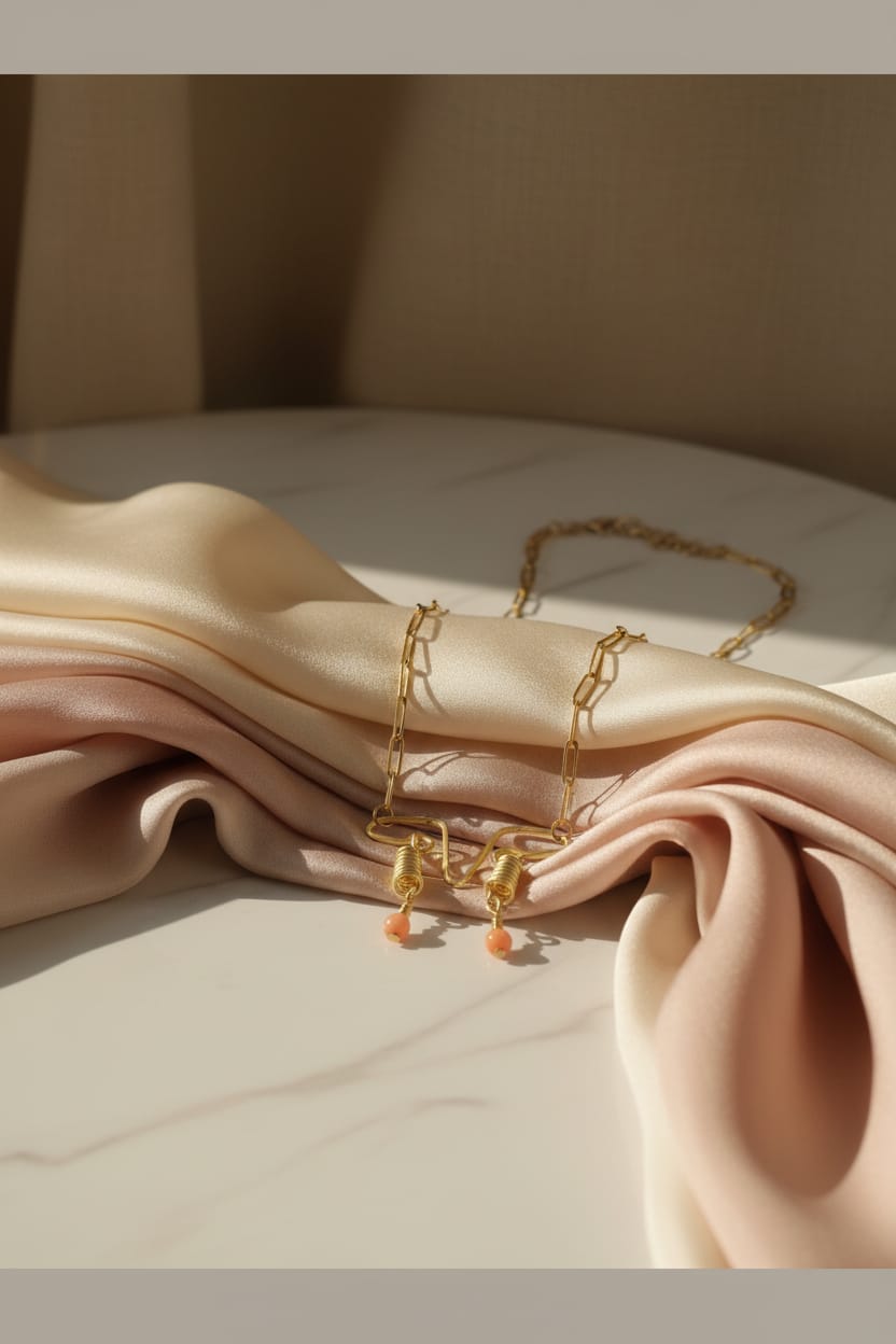 Collar con cadena acero dorado, dije de alambre dorado con 2 calcedonias naranjas