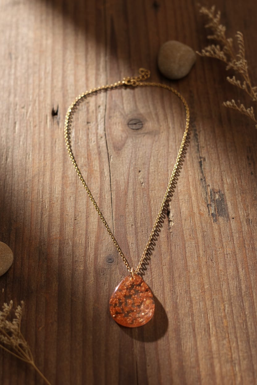 Collar con cadena acero dorada y dije de lagrima mediana con pan de oro