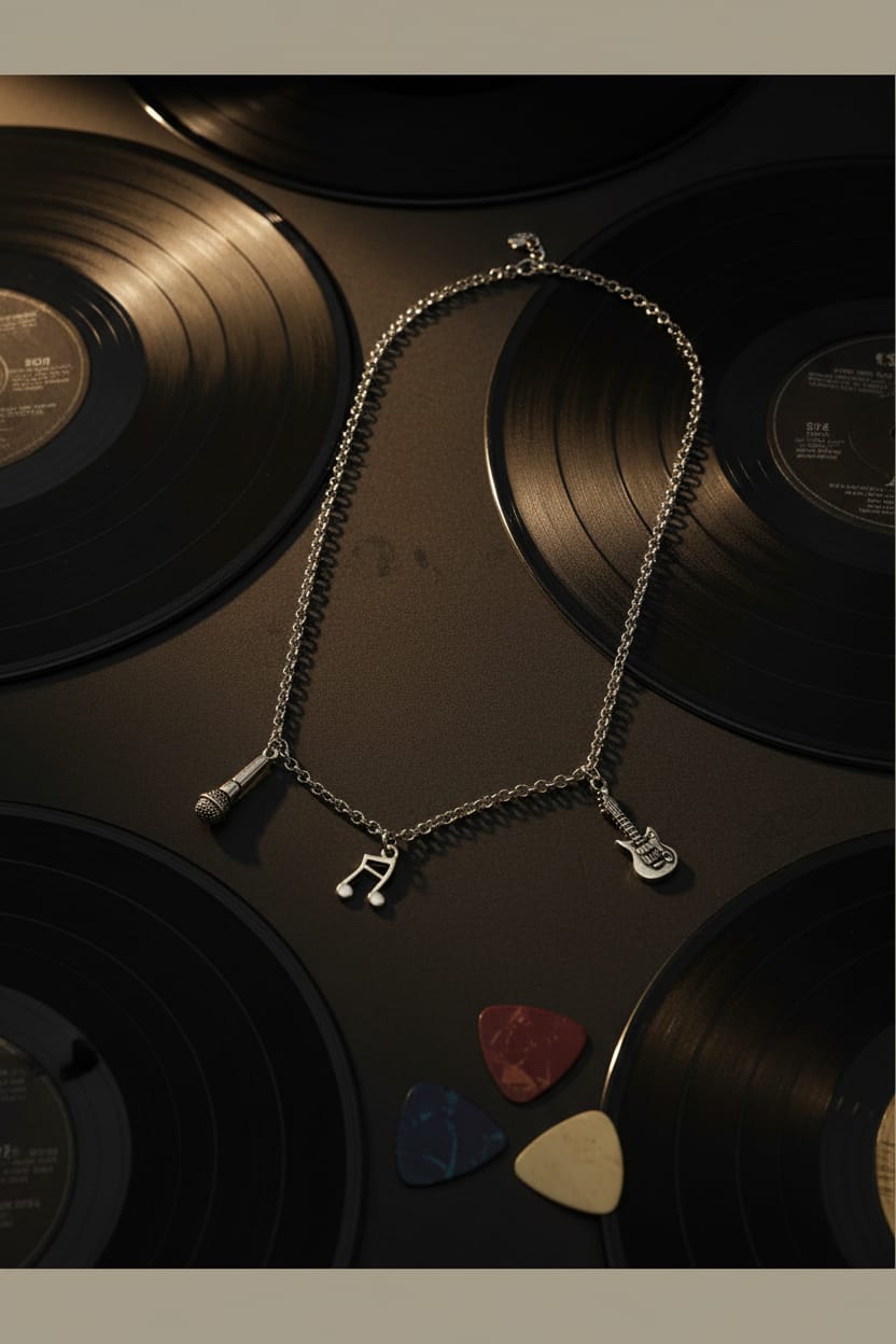 Collar de acero plateado con dijes musicales