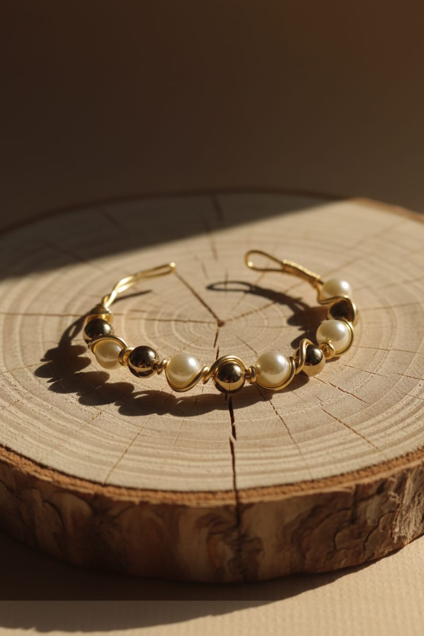 Pulsera de alambre dorado con perla y abalorio dorado