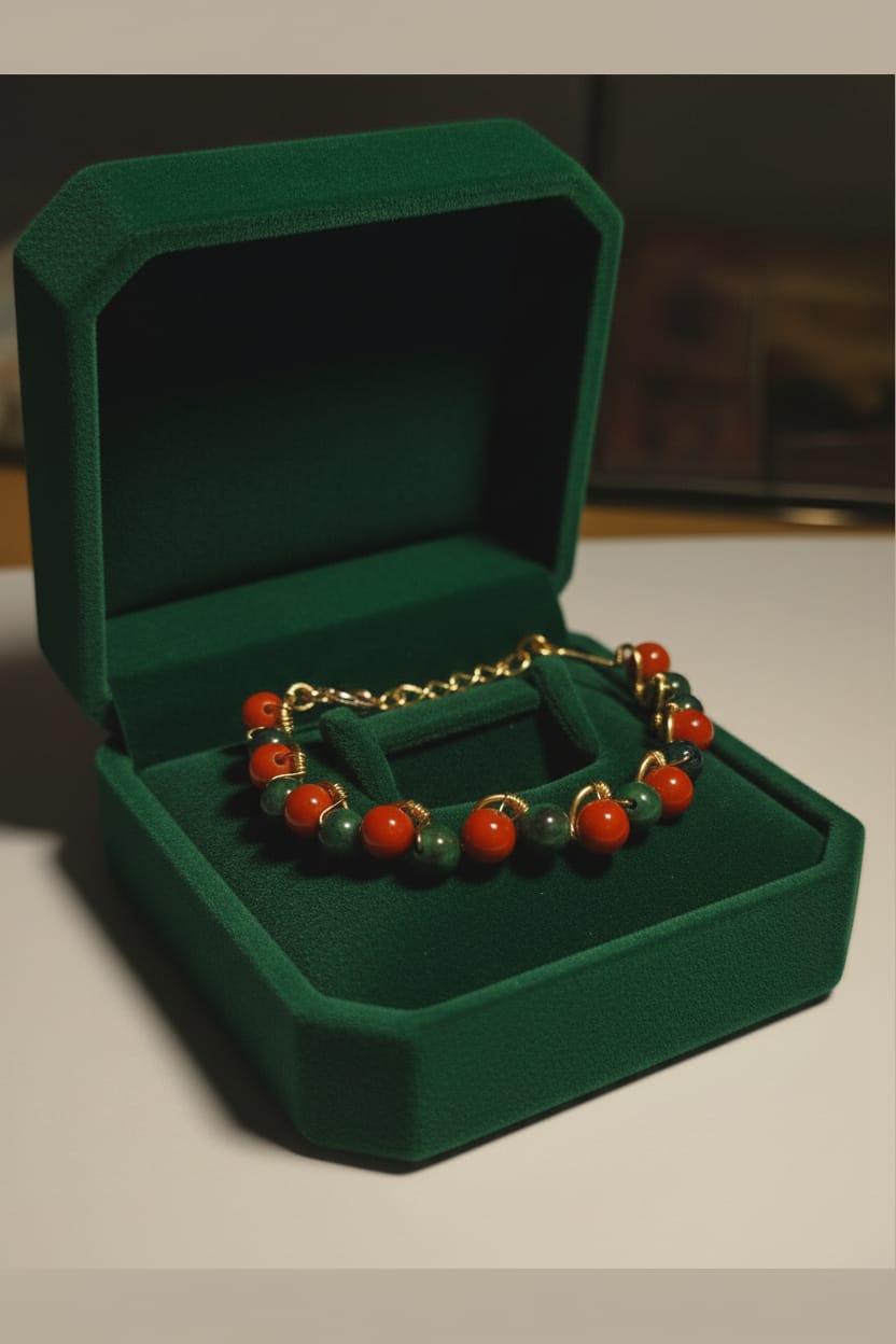 Pulsera alambre dorado con lapislázuli i Jade coral rojo
