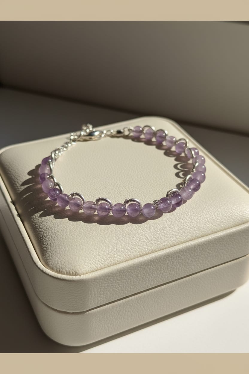 Pulsera de alambre plateado con jade lavanda mediano