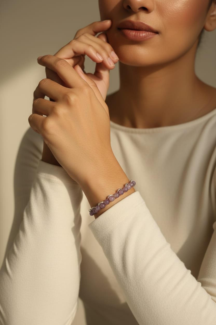 Pulsera de alambre plateado con jade lavanda mediano