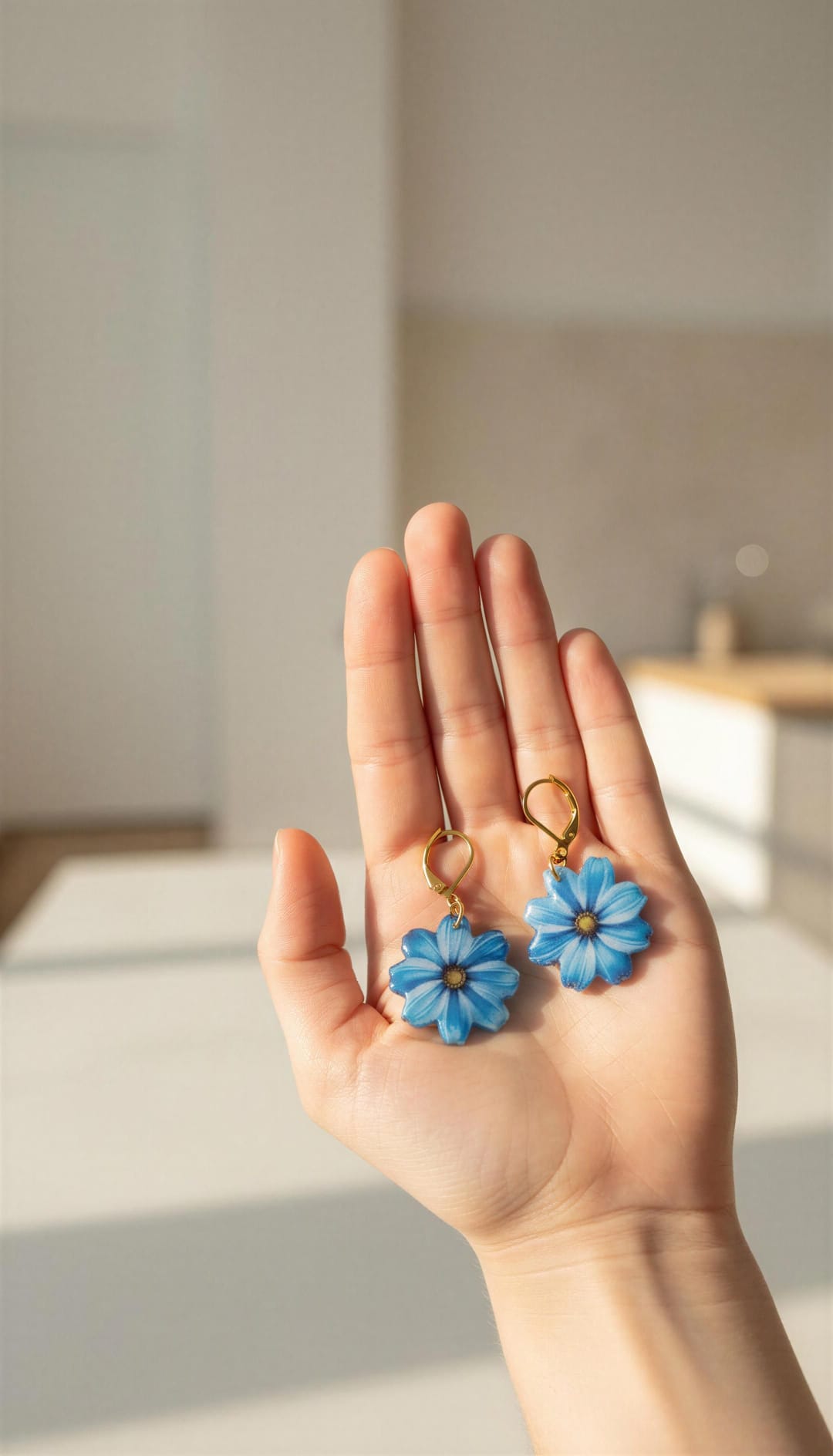 Pendientes margaritas azules cierre dorado